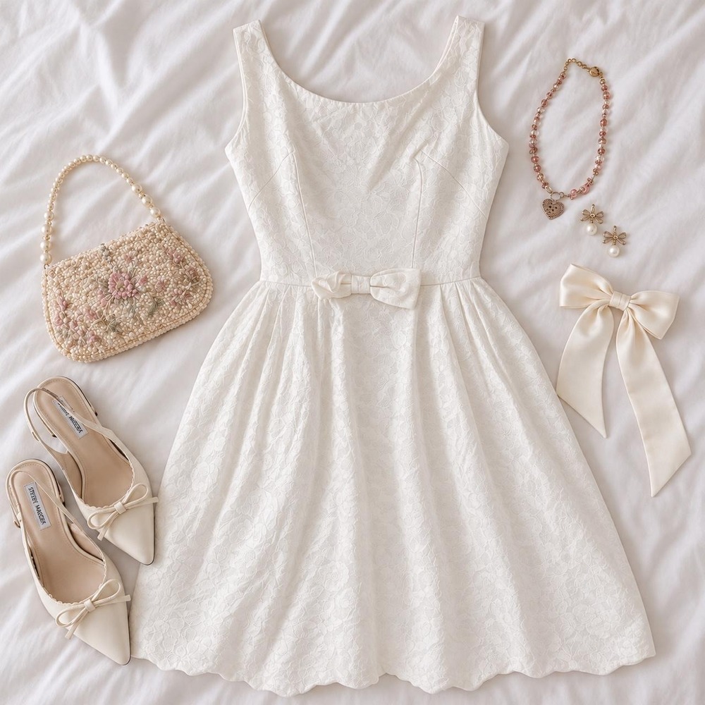50s white jacquard dress girls size 10 12 34" long
